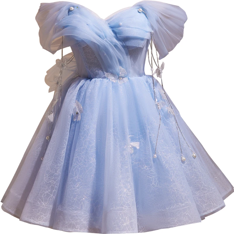 Charming Sky Blue Glitter Appliques Short Party Dresses 2024 Off-The-Shoulder Short Charming Sky Blue Glitter Appliques Short Party Dresses 2024 Off-The-Shoulder Short