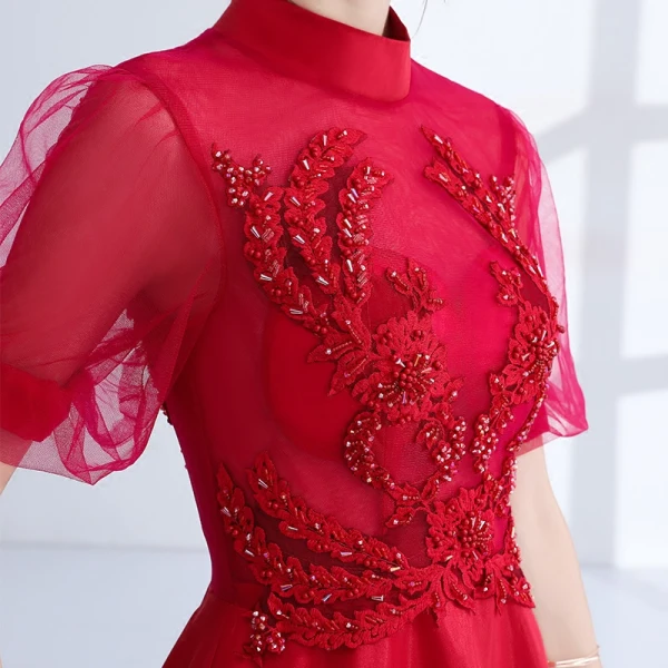 Chic / Beautiful Burgundy Evening Dresses  2018 A-Line / Princess Beading Crystal Lace Flower High Neck Backless Short Sleeve Floor-Length / Long Formal Dresses