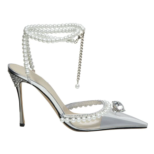 Sexy Silver Evening Party Rhinestone Womens Sandals 2020 Pearl Ankle Strap 9 cm Stiletto Heels Pointed Toe Sandals