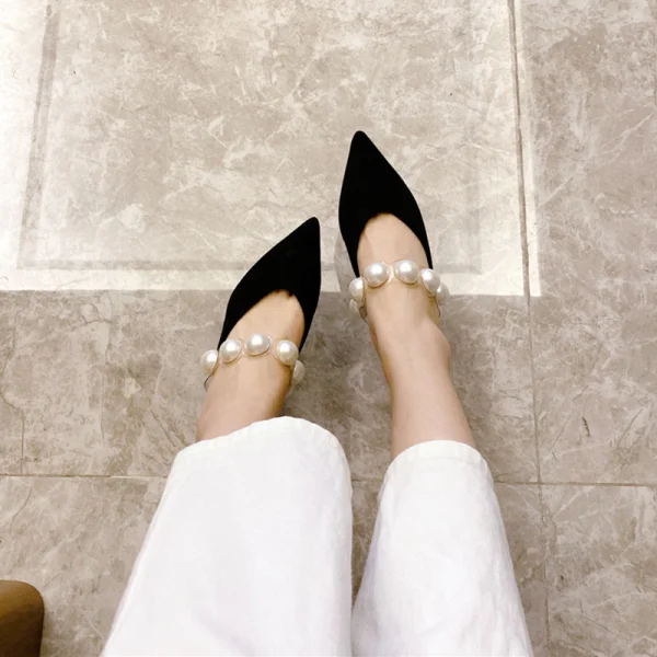 Chic / Beautiful Black Pearl Dating Womens Sandals 2020 Suede 6 cm Stiletto Heels Pointed Toe Sandals