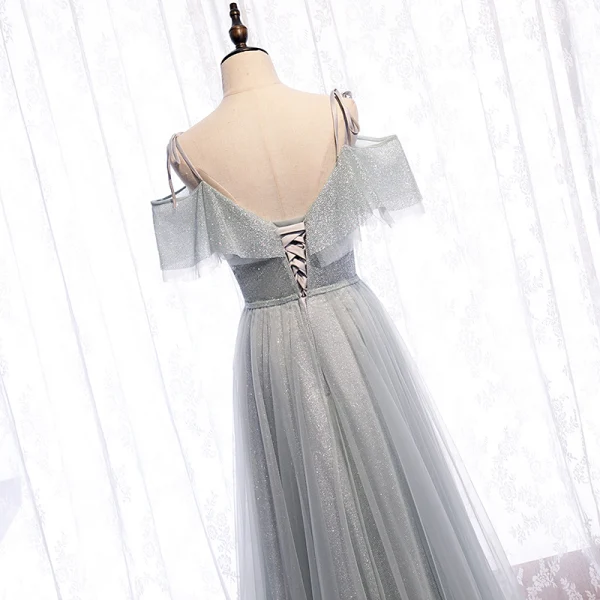 Scintillantes Argenté Gris Robe De Soirée 2020 Princesse Bretelles Spaghetti Paillettes Manches Courtes Dos Nu Longue Robe De Ceremonie