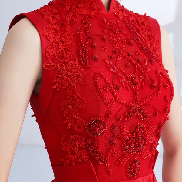 Chinese style Red Evening Dresses 2018 A-Line / Princess Appliques Lace Beading Crystal High Neck Backless Sleeveless Floor-Length / Long Formal Dresses