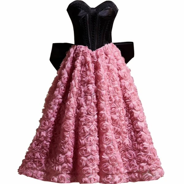 Charming Black Ruffle Flower Party Dresses 2024 A-Line / Princess Strapless Sleeveless Backless Bow Knee-Length Evening Party Cocktail Party Formal Dresses