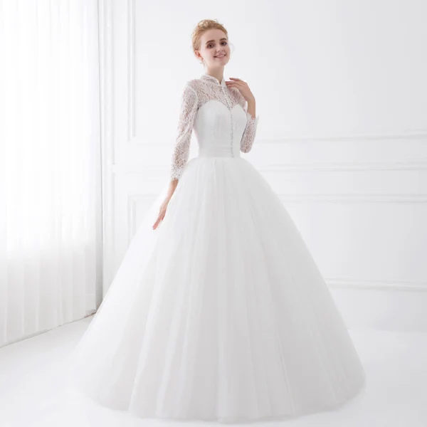 Chic / Beautiful White Wedding Dresses 2018 Ball Gown Lace High Neck 3/4 Sleeve Floor-Length / Long Wedding