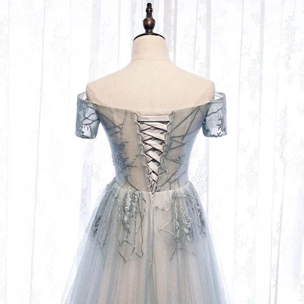 Charmant Himmelblau Abendkleider 2020 A Linie Perlenstickerei Perle Pailletten Spitze Blumen Off Shoulder Rückenfreies Lange Festliche Kleider