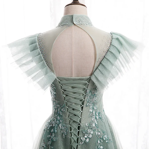 Vintage / Retro Sage Green Prom Dresses A-Line / Princess 2020 Scoop Neck Beading Rhinestone Sequins Sleeveless Backless Floor-Length / Long Formal Dresses