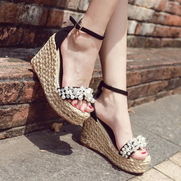Fashion Blushing Pink Street Wear Summer Braid Womens Sandals 2020 Pearl Ankle Strap Rhinestone 10 cm Wedges Open / Peep Toe Sandals