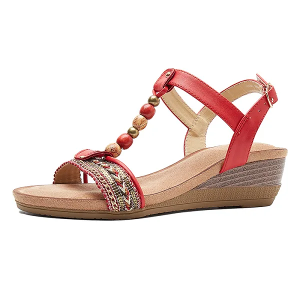 Vintage / Originale Bohême Été Rouge Plage Sandales Femme 2020 T-Strap 4 cm Compensées Talon Bas Peep Toes / Bout Ouvert Sandales