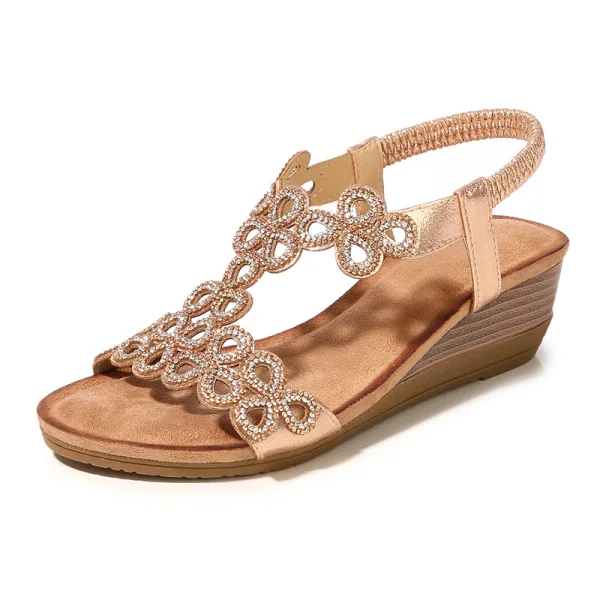 Böhmen Champagner Strand Sandalen Damen 2020 Strass 5 cm Keilabsatz Peeptoes Sandaletten