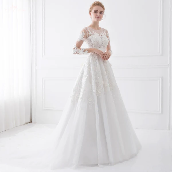 Schöne Weiß Brautkleider 2018 A Linie Schleife Mit Spitze Blumen Rundhalsausschnitt Rückenfreies 3/4 Ärmel Lange Hochzeit
