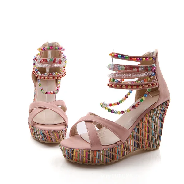 Bohemia Orange Street Wear Summer Womens Sandals 2020 Beading 9 cm Wedges Open / Peep Toe Sandals