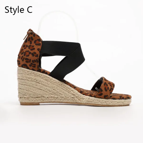 Schöne Braun Strassenmode Leopardenmuster Sandalen Damen 2020 8 cm Keilabsatz Peeptoes Sandaletten