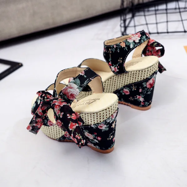 Affordable Outdoor / Garden Black Floral Womens Sandals 2020 Bow 11 cm Wedges Open / Peep Toe Sandals