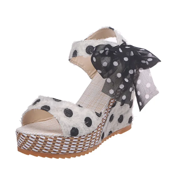 Charmant Été Noire Rendez-vous Sandales Femme 2020 Tachetée Noeud 10 cm Compensées Peep Toes / Bout Ouvert Sandales