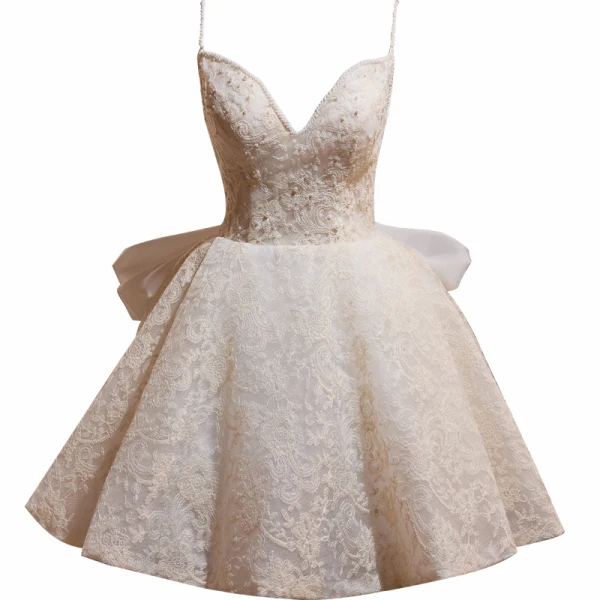 Charmant Beige Perle En Dentelle Fleur Courte Robe De Fête 2024 Bretelles Spaghetti Sans Manches Dos Nu Noeud Robe De Ceremonie