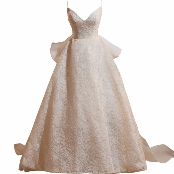 Elegant Beige Pearl Lace Flower Prom Dresses 2024 A-Line / Princess Spaghetti Straps Sleeveless Backless Bow Floor-Length / Long Prom Formal Dresses
