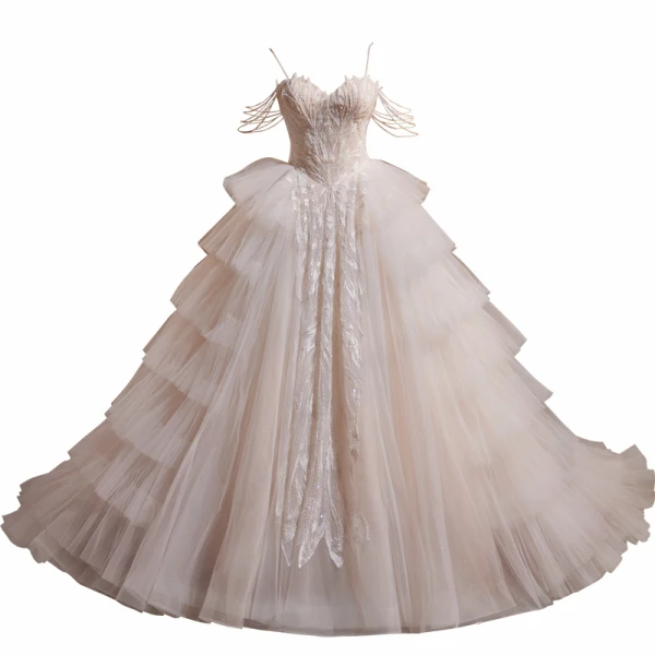 Élégant Ivoire Perlage En Dentelle Fleur Volants en Cascade Robe De Bal 2024 Robe Boule Bretelles Spaghetti Sans Manches Dos Nu Longue Promo Robe De Ceremonie