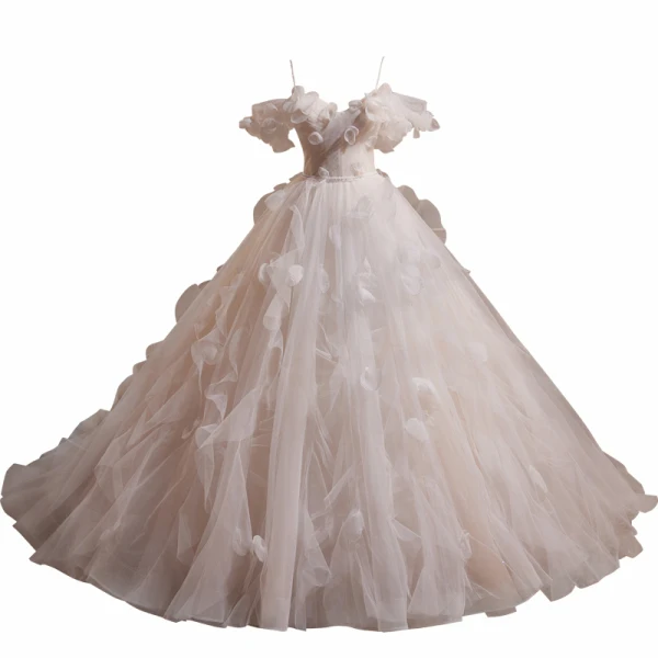 Elegant White Appliques Cascading Ruffles Prom Dresses 2024 A-Line / Princess Spaghetti Straps Short Sleeve Backless Sweep Train Prom Prom Dresses