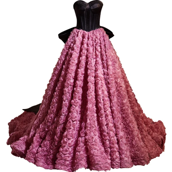 Fashion Fuchsia Ruffle Flower Prom Dresses 2024 Ball Gown Strapless Sleeveless Backless Bow Court Train Prom Formal Dresses