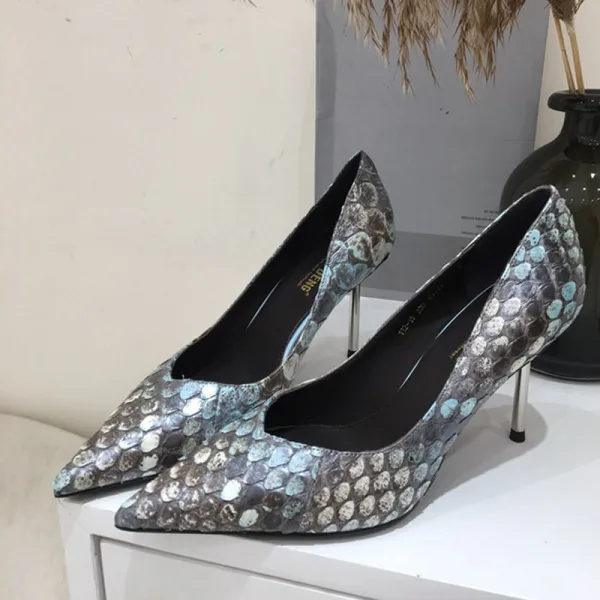 Mode Abend Fischschuppen Pumps 2020 Leder 8 cm Stilettos Spitzschuh Pumps