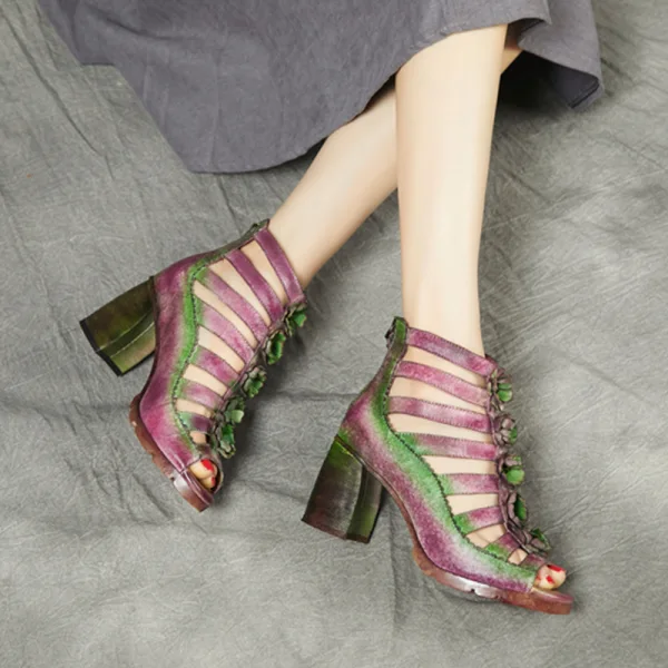 Vintage / Originale Ethnique Été Violet Vêtement de rue Sandales Femme 2020 Cuir Fleur 6 cm Talons Épais Peep Toes / Bout Ouvert Sandales