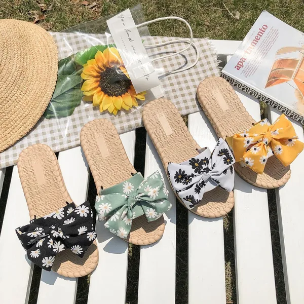 Mode Abordable Été Noire Plage Pantoufle & Tongs 2020 Fleur Plat Peep Toes / Bout Ouvert Chaussures Femmes