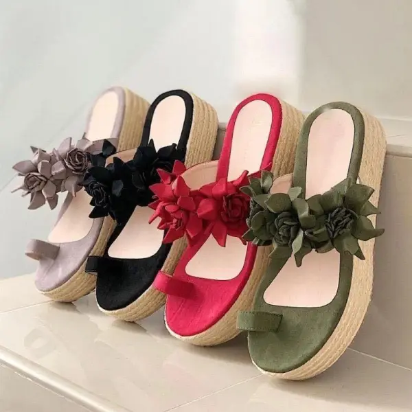 Abordable Été Noire Plage Sandales Femme 2020 Fleur 4 cm Compensées Peep Toes / Bout Ouvert Sandales