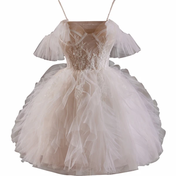 Chic / Belle Blanche Perle En Dentelle Fleur Courte Volants en Cascade Robe De Fête 2024 Robe Boule Bretelles Spaghetti Sans Manches Dos Nu Robe De Ceremonie