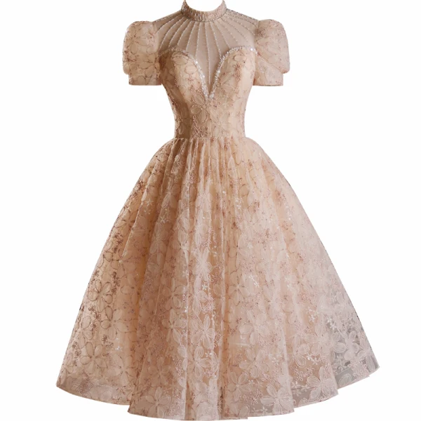 Chic / Beautiful Champagne Beading Pearl Sequins Flower Party Dresses 2024 Ball Gown High Neck Puffy Short Sleeve Backless Tea-length Cocktail Party Evening Party
