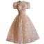 Chic / Beautiful Champagne Beading Pearl Sequins Flower Party Dresses 2024 Ball Gown High Neck Puffy Short Sleeve Backless Tea-length Cocktail Party Evening Party