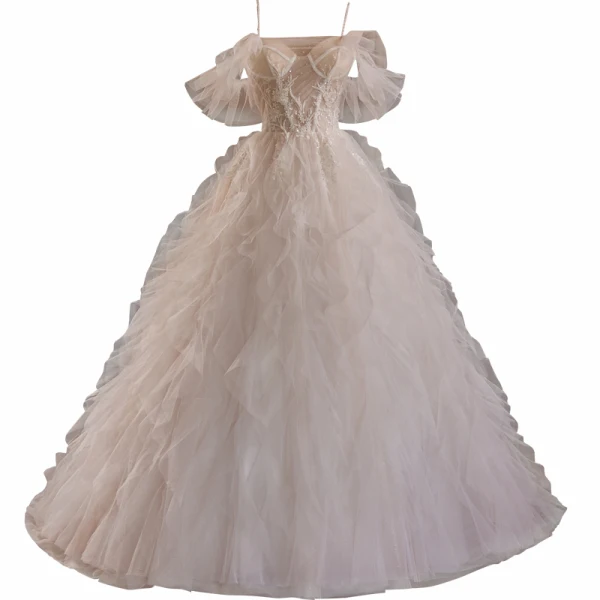 Charmant Blanche Perlage Paillettes Perle En Dentelle Fleur Volants en Cascade Légère Robe De Mariée 2024 Robe Boule Bretelles Spaghetti Sans Manches Dos Nu