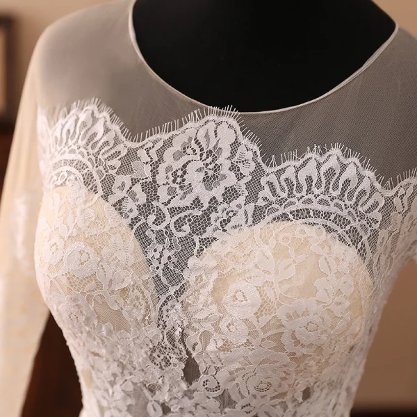 Elegant Ivory Wedding Dresses 2018 A-Line / Princess Organza Lace Scoop Neck Long Sleeve Sweep Train Wedding