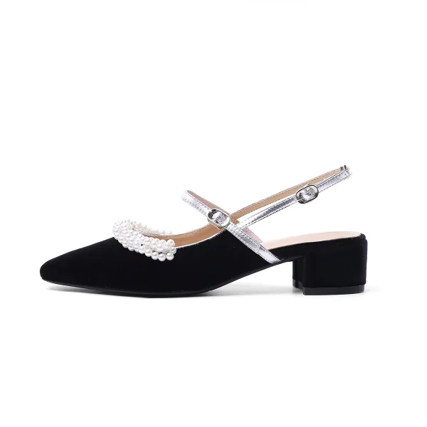 Chic / Belle Noire Rendez-vous Perle Sandales Femme 2020 Cuir 3 cm Talon Bas À Bout Pointu Sandales
