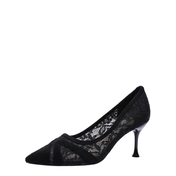 Charmig Svarta Afton Pumps 2020 Spets Blomma 7 cm Stilettklackar Spetsiga Pumps