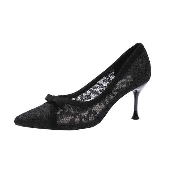 Charming Black Evening Party Pumps 2020 Lace Flower Bow 7 cm Stiletto Heels Pointed Toe Pumps