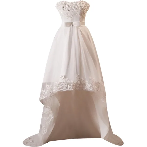 Schlicht Weiß Strass Spitze Blumen Applikationen Leichtes Brautkleider / Hochzeitskleider 2024 A Linie Bandeau Ärmellos Rückenfreies Sweep / Pinsel Zug Hochzeit