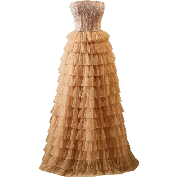 strapless open back dress Gold Metallic Pleated A-line Long Prom Dress – Dressesforparty main image 0
