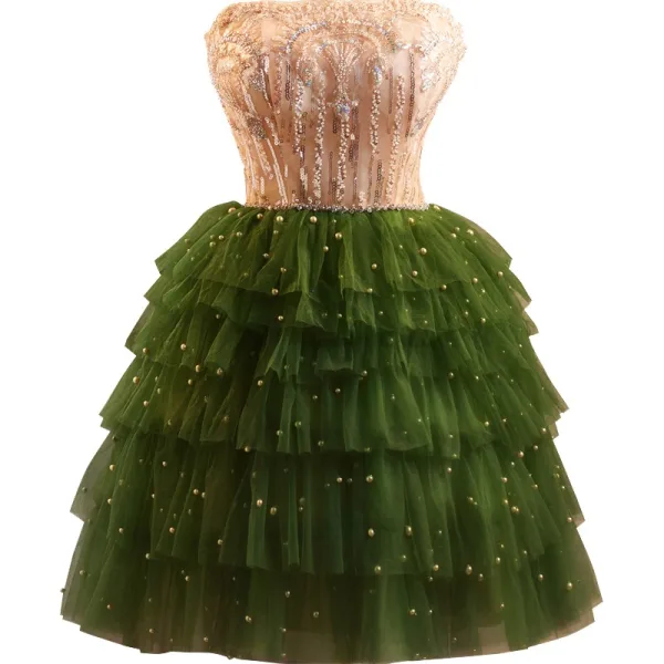 Chic / Beautiful Green Pearl Sequins Short Cascading Ruffles Prom Dresses 2024 A-Line / Princess Strapless Sleeveless Backless Prom Formal Dresses