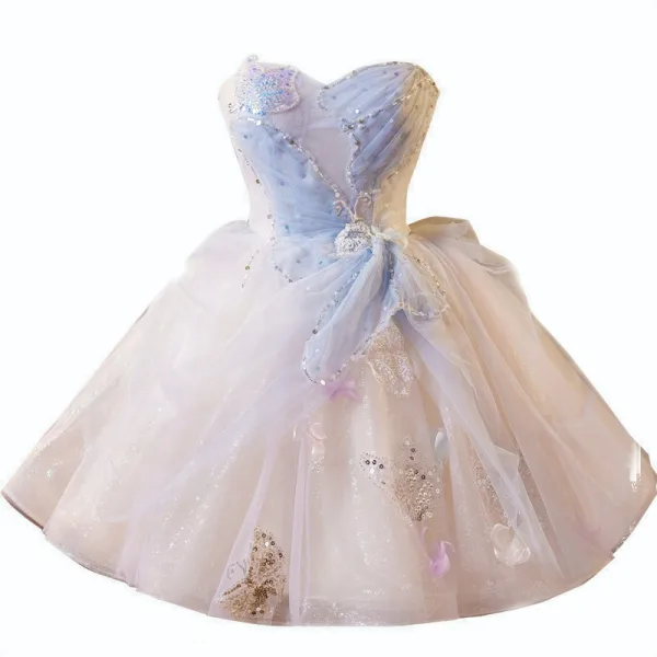 Sexy Sky Blue Beading Pearl Sequins Party Dresses 2025 Ball Gown Strapless Sleeveless Backless Floor-Length / Long Cocktail Party Evening Party Formal Dresses