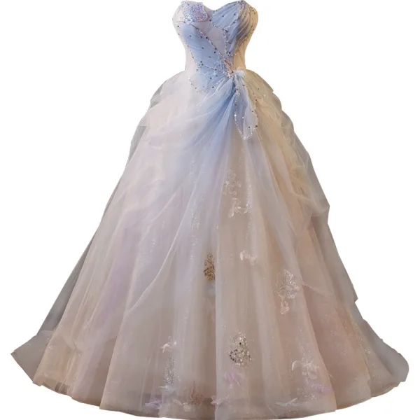Chic / Beautiful Sky Blue Beading Pearl Sequins Prom Dresses 2025 Ball Gown Strapless Sleeveless Backless Floor-Length / Long Prom Formal Dresses