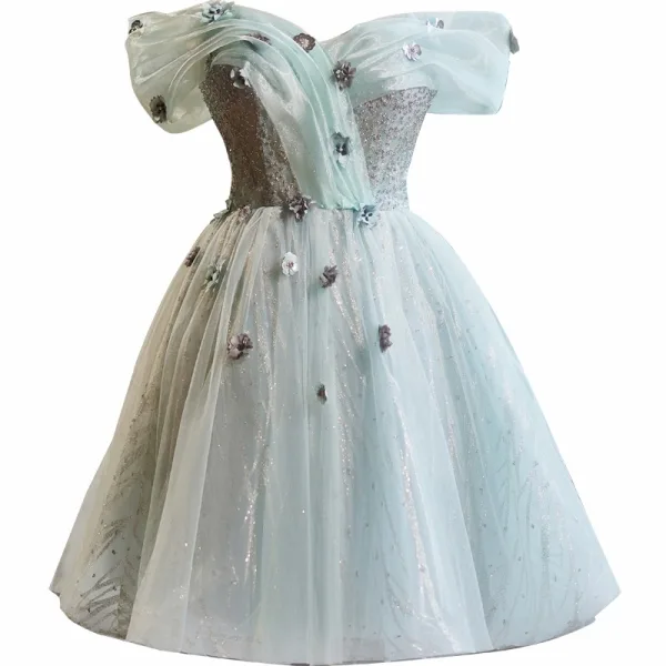 Chic / Belle Vert Cendré Appliques Perlage Paillettes Courte Robe De Fête 2024 Princesse De l'épaule Manches Courtes Dos Nu Robe De Ceremonie