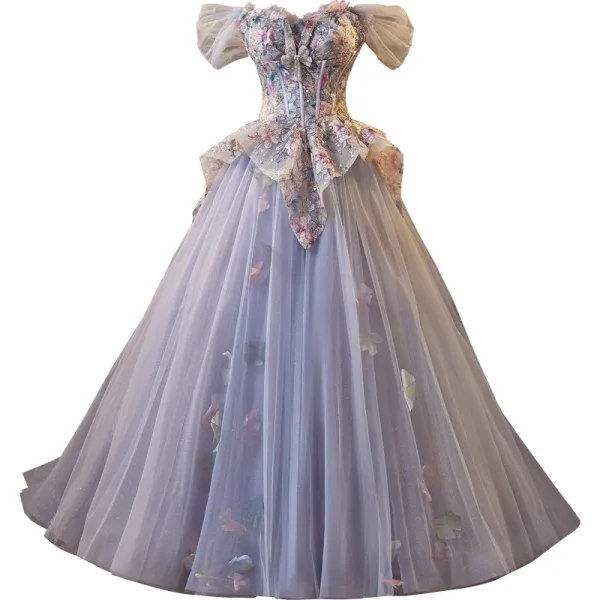 Flower Fairy Lavender Beading Lace Flower Pearl Sequins Prom Dresses 2025 Ball Gown Off-The-Shoulder Short Sleeve Backless Floor-Length / Long Prom Formal Dresses