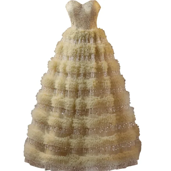 Scintillantes Doré Perlage Paillettes Volants Robe De Bal 2025 Robe Boule Bustier Sans Manches Dos Nu Longue Promo Robe De Ceremonie