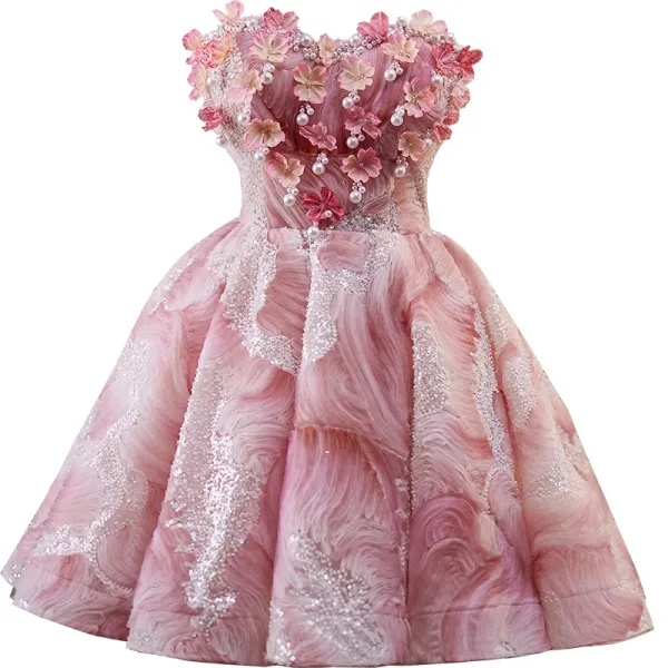Sexy Blushing Pink Beading Pearl Sequins Appliques Short Party Dresses 2025 A-Line / Princess Strapless Sleeveless Backless Cocktail Party Evening Party Formal Dresses