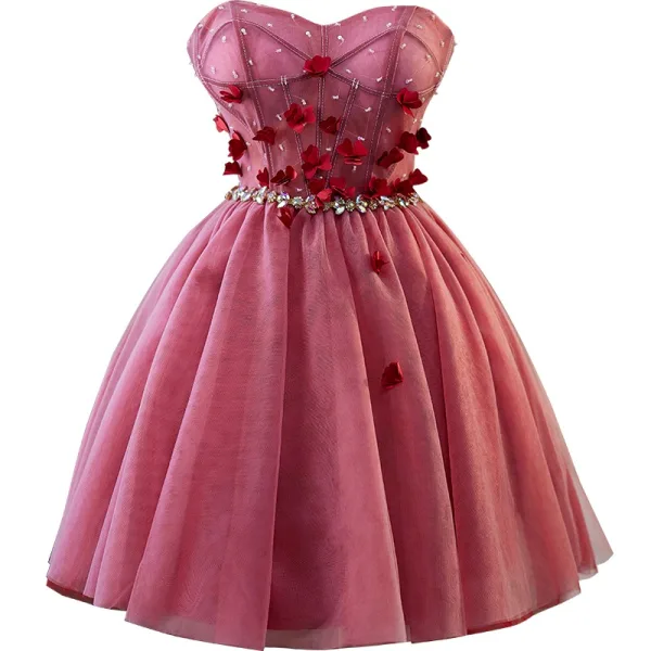 Sexy Fushia Faux Diamant Appliques Courte Robe De Fête 2025 Bustier Sans Manches Dos Nu Soirée Robe De Ceremonie