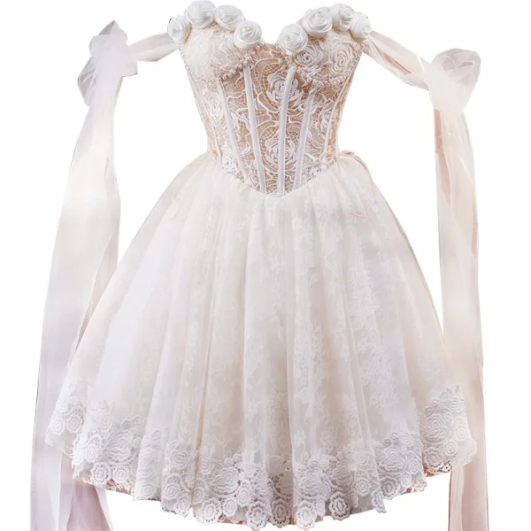 Charmant Weiß Applikationen Spitze Blumen Perle Geburtstag Kurze Partykleider 2025 Off Shoulder Ärmellos Rückenfreies Festliche Kleider