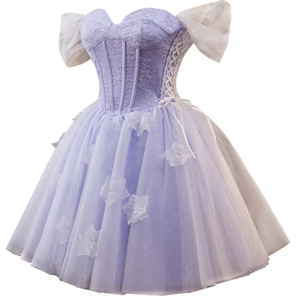 Charmant Lavande Appliques Anniversaire Robe De Fête 2025 De l'épaule Manches Courtes Dos Nu Longue Robe De Ceremonie