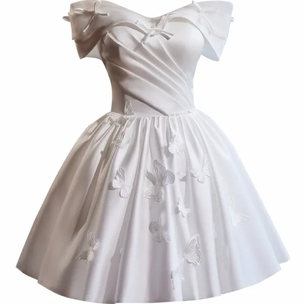 Elegant White Satin Butterfly Bow Appliques Birthday Party Dresses 2024 Ball Gown Off-The-Shoulder Sleeveless Backless Short Formal Dresses