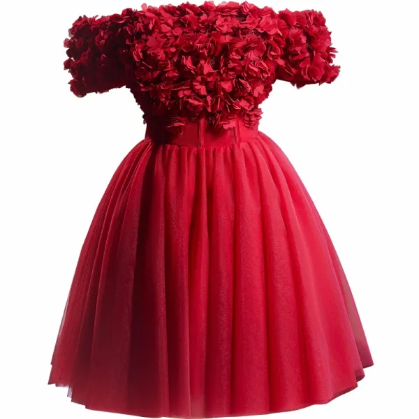 Chic / Beautiful Red Appliques Short Prom Dresses 2024 Ball Gown Off-The-Shoulder Short Sleeve Backless Prom Formal Dresses