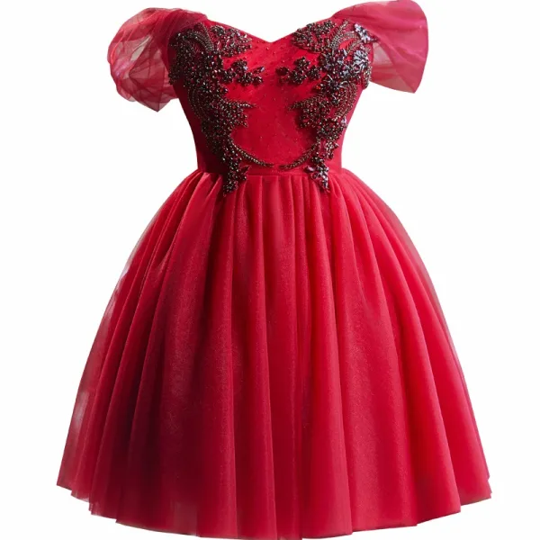 Chic / Beautiful Red Beading Short Prom Dresses 2024 Ball Gown Off-The-Shoulder Short Sleeve Backless Prom Formal Dresses